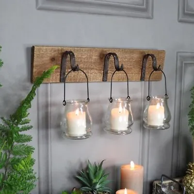 Rustic Wall Mounted Hook Glass Jar Lantern Tealight Candle Holder Vintage Gift • £30.32