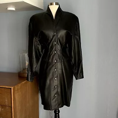 Vtg 80's Michael Hoban North Beach Leather Dress Snaps Pencil Bat-wing Sleeve XS • $300