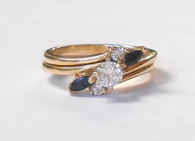 14K Gold .25 CT Diamond Blue Sapphire Engagement Ring & Band Match Set Size 5.25 • $399