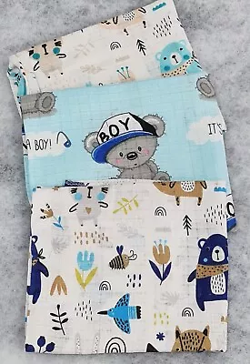 3 Pack Muslin Squares Large 70x80cm Baby Nappies Bibs Cloth Teddy Bears Blue • £5.99