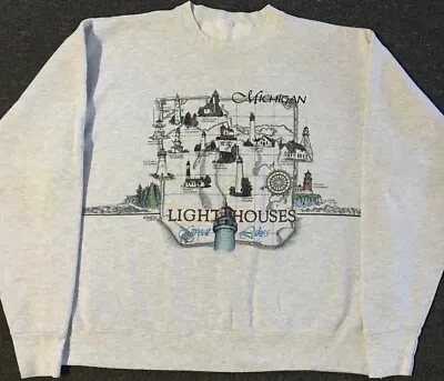 Vtg 90s Michigan Lighthouse Faded AOP Sweatshirt XL Art Nautical Beach Grunge • $49.95