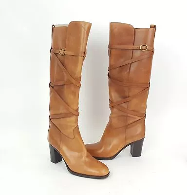 Yves Saint Laurent Cognac Leather Wrap Buckle Knee High Boots Size 37 • $129.99