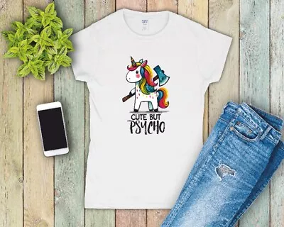 Cute But Psycho Funny Unicorn Ladies Fitted T Shirt Sizes Small-2XL • £12.49