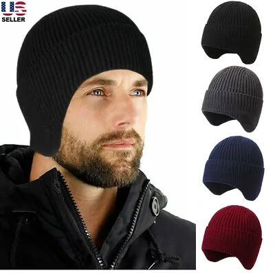 Warm Men Knitted Aviator Thick Beanie Hat Winter Lining With Ear Flaps Ski Hat • $8.72