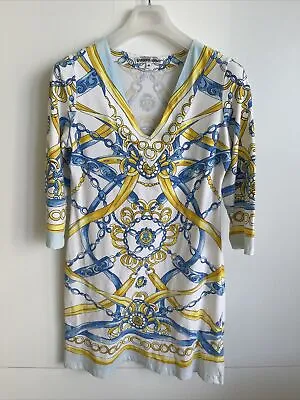 Barbara Gerwit Yellow/Blue Chain/Ribbon V-Neck Shift Dress 3/4 Sleeve Med *Read* • $15