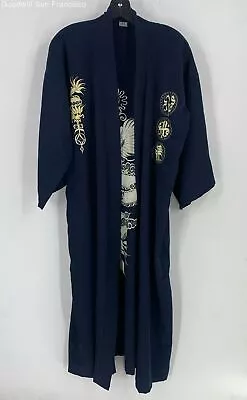 Mens Blue Chinese Dragon Embroidered Silk Long Sleeve Belted Casual Sleep Robe • $34.99