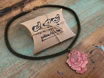 Beautiful Laser Cut Wooden Peony Flower Pendant Necklace Green Cord (NEW) • £5.20