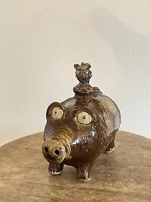 Marie Rogers Brown Blue Eye Large Pig Rider 7 L X 6.5 H Georgia TPottery • $355.50