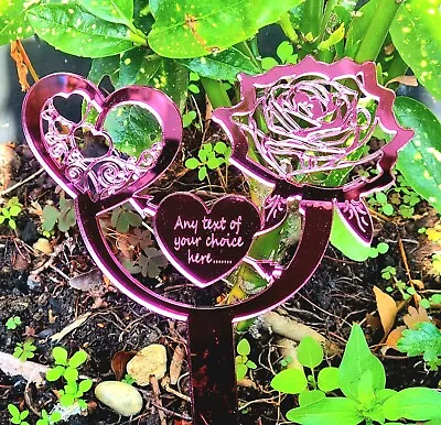 Personalised Rose Heart Memorial Grave Marker Mirror Plaque Nan Mum Dad Garden • £14.99