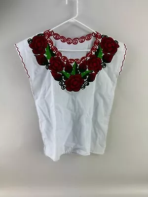 Mexican Embroidered Floral White Sleeveless Blouse Multicolor Flowers • $19.99