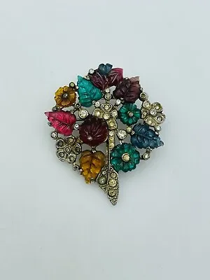 Mazer Vintage Unsigned Silver Tone Rhinestone Glass Fruit Salad Flower Pin • $495