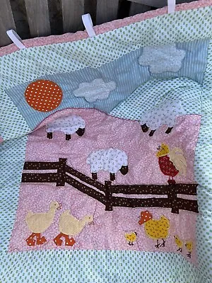 Baby Quilt Vintage Baby Girl Rare Cute Double Sided Crib Bedding Farm Sheep Chic • $19