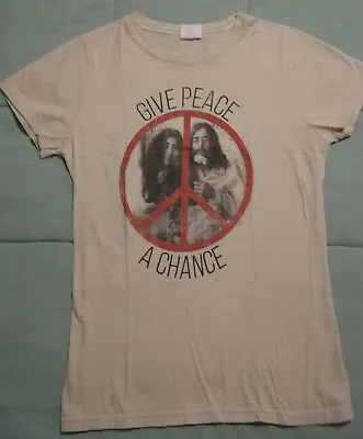 John Lennon Yoko Ono Give Peace A Chance T-Shirt Women's Size M Beige-Vanilla • £20.24