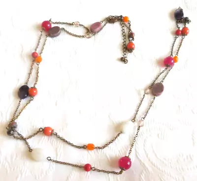 Vintage Rainbow Glass & Stone Beads  Long Necklace - Summer Sunshine Beach • £7