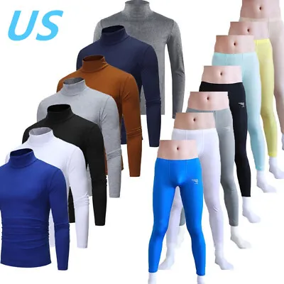 US Mens Solid Color Thermal Underwear Set Long Sleeve Turtleneck Tops And Pants • $13.59