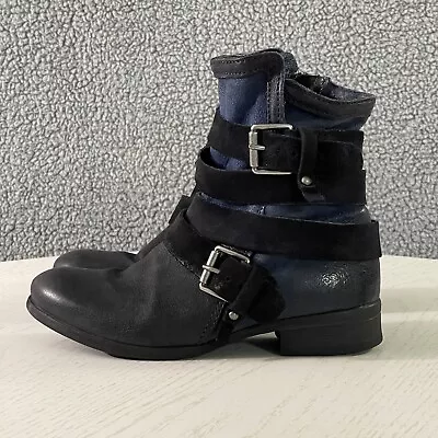Miz Mooz Moto Boots Women's 37 / 6.5 Blue Leather Side Zip Ankle Buckle Booties • $34.99