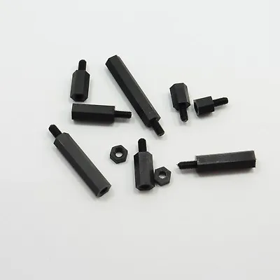 Male M3 Nylon Hexagonal Pillar + Nut Standoff Hex Spacer Plastic Black Insulator • £2.29