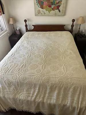 Yellow Bates Chenille Bedspread Fringe 92x112 Made In USA Small Tear & A Stain • $24.20