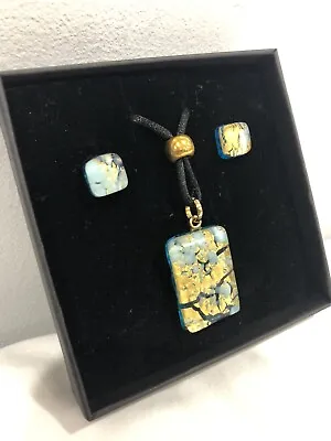 MURANO GLASS Necklace & Earrings Boxed Set *Handmade In Italy* Aqua Blue & Gold • £61.73