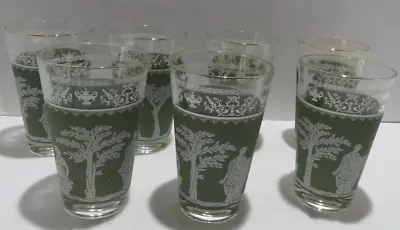 Vtg Wedgewood Jasperware Green Grecian Glasses 12 Oz. Set Of 7 • $35.95