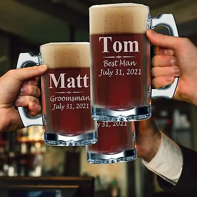 Personalized Beer Glasses Groomsmen- 12 Oz - Etched Groomsman Beer Mugs • $12.99