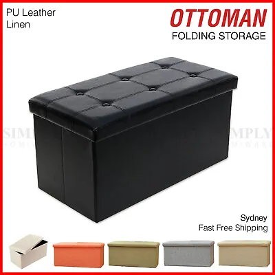 Folding Ottoman Storage Blanket Box Footstool Stool Cube Pouf Faux Leather Linen • $54.99