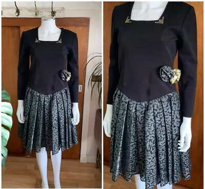 Vintage 1980s Black Grey Dress Prom Hen Party Drop Waist Puff Skirt Uk 12 • £14.99