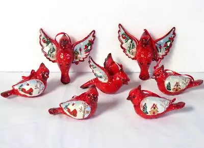 7 Red Ceramic Speckled Cardinal Bird Ornaments W/ A Snow Scene On Their Wings • $13.99