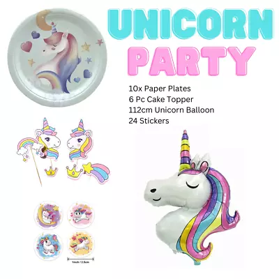 $8.95 • Buy Unicorn Party Bundle - Plates, Balloon, Cake Topper , Stickers