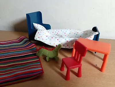 Ikea Huset Dolls House Furniture  Bedroom Bed Rug Table Chair Pillowsoft Toy • £14.99