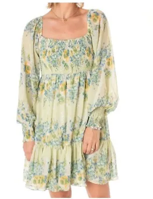 Taylor Tea Green Floral Tiered Dress Long Sheer Smocking Peasant Cottage Sz 8 • $36.40