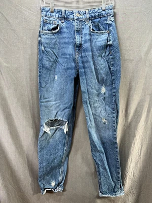 $11.80 • Buy Zara Pants Womens 6 Blue Denim Distressed Zip Button Pocketed Belted 28x27