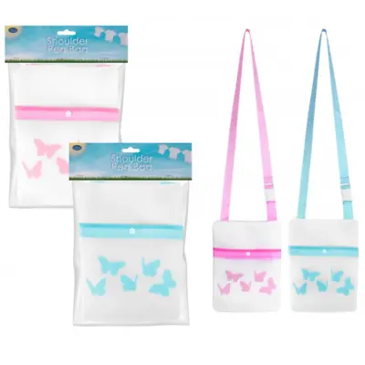 Peg Bag Shoulder Strap Laundry Butterfly Print 27.5 X 21cm Mesh Pink Or Blue • £3.49