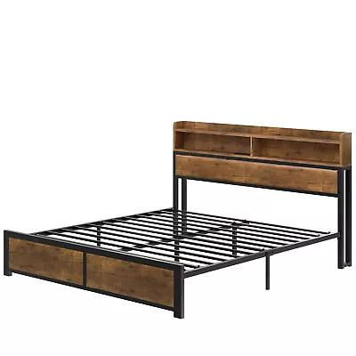 LED Bed Frame King Size Metal Platform Bed Frame W/2 Tier Storage Shelves Brown • $218.99