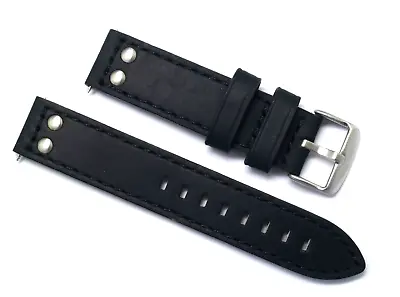 20mm Black Quality Rivet Style Crazy Horse Leather Watch Band Silver Tone Buckle • $13.25