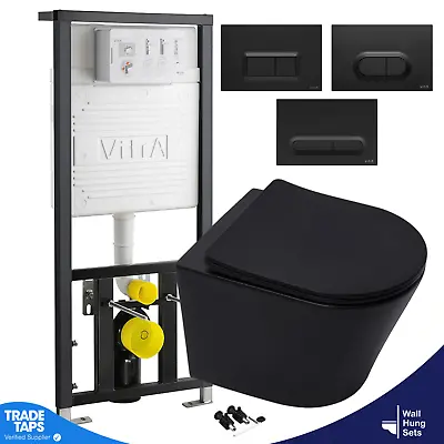 Matt Black Rimless Wall Hung Toilet & VITRA Concealed WC Cistern Frame Plate Set • £209.95