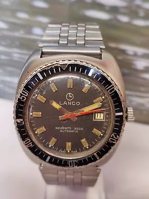 Lanco Seaborn 3000 Automatic Patina Black Dial Swiss Men's Full Working Vintage • £255.05