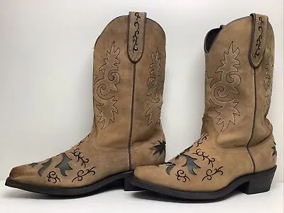 Vtg Mens Rockin Country Cowboy Snip Toe Brown Inlay Boots Size 9 Ew • $39.99