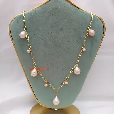 24  AAA+ 9-10mm REAL NATURAL Pink South Sea Baroque Pearl Necklace 14K Gold • $29.99