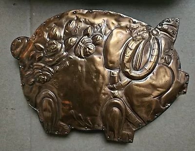 Vintage Copper Pig Shaped Wall Art Metal Sculpture On Wood • $36