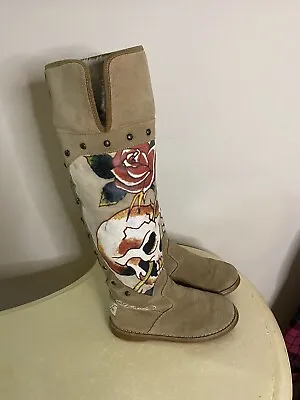 Women Ed Hardy Tall Boots  Sz 5 Day Of The Dead  Suede Skull Roses • $125