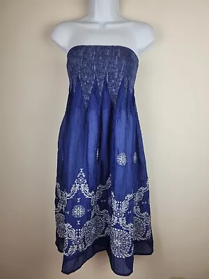 Anthropologie Lapis Strapless Tube Dress One Size Blue Chiffon Smocked Boho Chic • $20.99