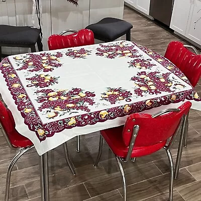Vintage Cotton Printed Tablecloth Dark Red And Yellow Fruit Border • $16.99