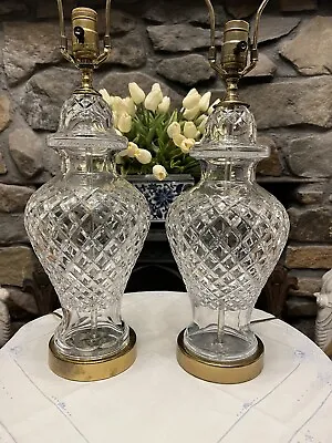 Pair Signed Waterford Crystal Glass Ginger Jar Chinoiserie Brass Lamps Designer • $650