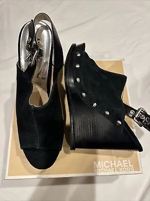 Michael Kors Belinda Mule Black Suede Studded Wedge Heels Size 9.5 • $75