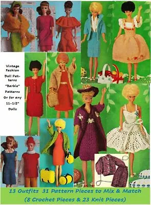 Vintage Fashion Doll Clothes 31 Knit/Crochet Patterns Fits Barbie 11.5  Doll • $14