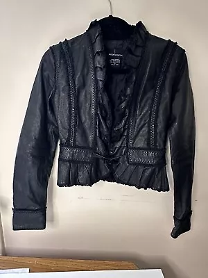 Moda International Jacket Black Leather Crop Ruffle Trim Toggle Close Lined XS • $40