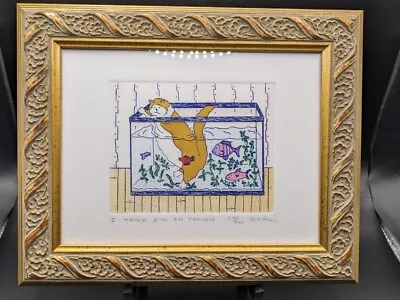 Vtg Jan Havens - I Think I'm In Trouble - Cat In Fish Tank Framed Signed 280/300 • $35.75