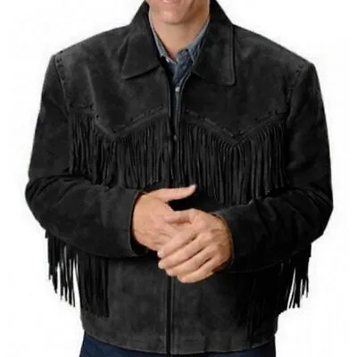 Mens Native American Cowboy Leather Jacket Fringe Suede Jacket - Western Jackets • $35