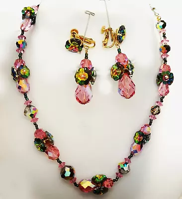 Vintage Vendome/Coro Set Necklace Earrings Pink Green Margarita Glass Beads AB • $99.99